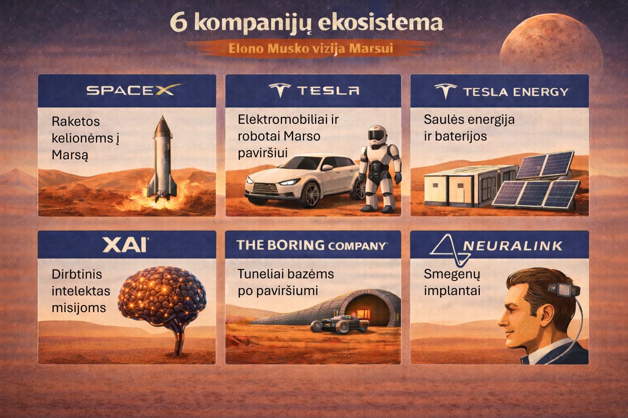 Infografikas su šešių kompanijų – SpaceX, Tesla, Tesla Energy, XAI, The Boring Company ir Neuralink – vaidmenimis Marso kolonizacijos ekosistemoje.