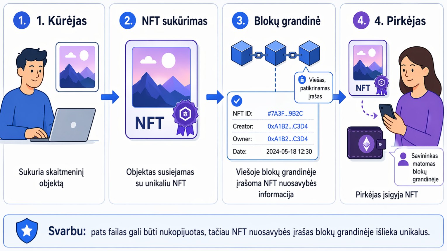 NFT infografikas: nuo kūrėjo ir NFT sukūrimo iki pirkėjo bei nuosavybės įrašo blokų grandinėje.