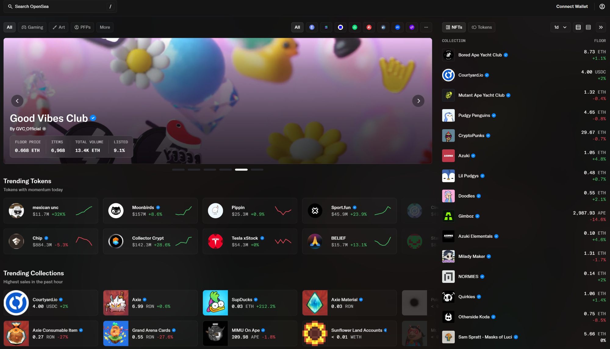 OpenSea NFT prekyvietės ekrano kopija su pagrindiniu puslapiu, populiariomis kolekcijomis, kylančiais žetonais ir NFT kainomis.