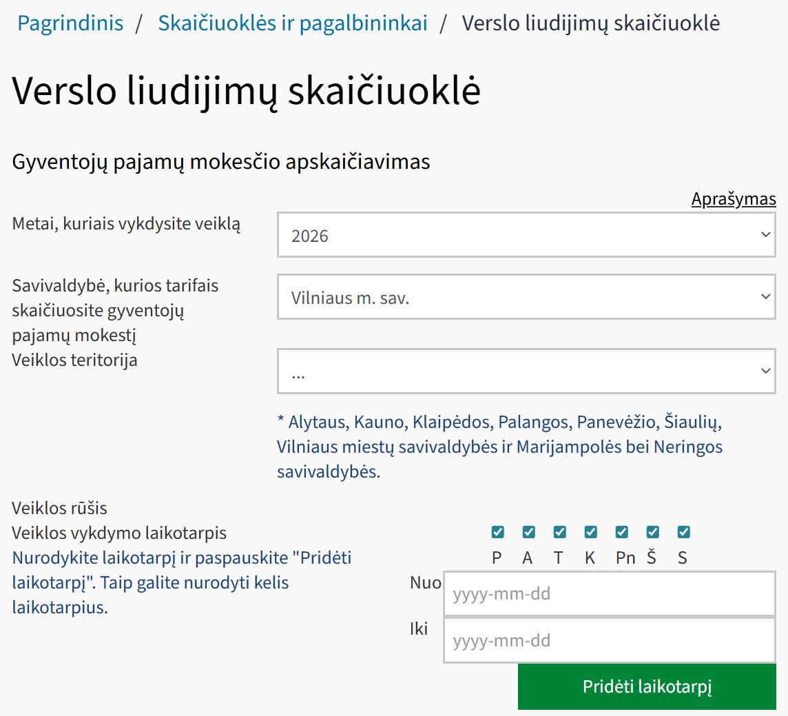 VMI verslo liudijimų skaičiuoklės langas, kuriame pasirenkami metai, savivaldybė, veiklos teritorija ir veiklos vykdymo laikotarpis gyventojų pajamų mokesčiui apskaičiuoti.