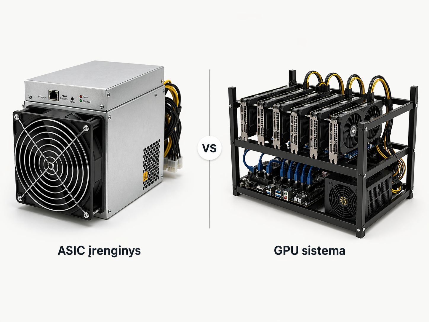 Palyginamasis paveikslėlis, kuriame kairėje pavaizduotas kompaktiškas ASIC kasimo įrenginys, o dešinėje – atviro tipo GPU sistema su keliomis vaizdo plokštėmis.