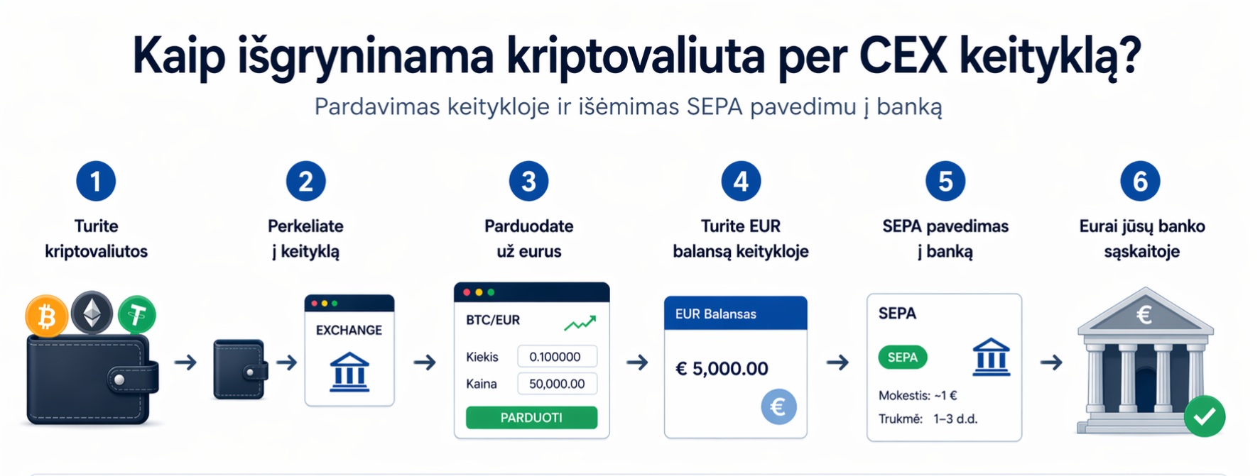 Infografikas, rodantis 6 žingsnių procesą, kaip kriptovaliuta per CEX keityklą parduodama už eurus ir per SEPA pavedimą pervedama į banko sąskaitą.