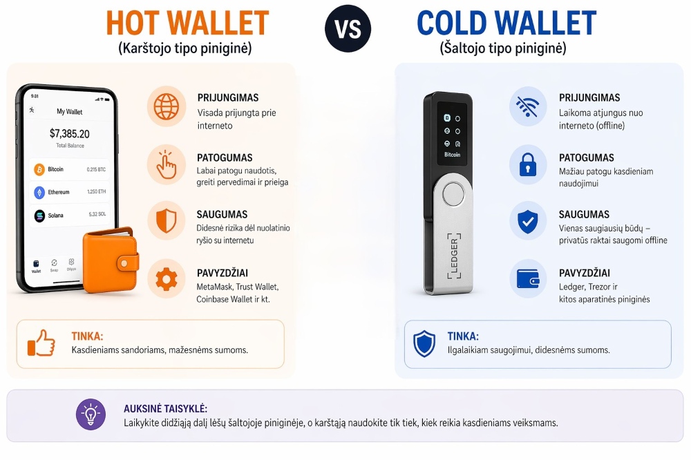 Infografikas, lyginantis karštąją ir šaltąją kriptovaliutų pinigines. Karštoji piniginė rodoma kaip telefone veikianti programėlė, tinkama kasdieniams sandoriams ir mažesnėms sumoms. Šaltoji piniginė rodoma kaip aparatinis įrenginys, tinkamas ilgalaikiam saugojimui ir didesnėms sumoms.
