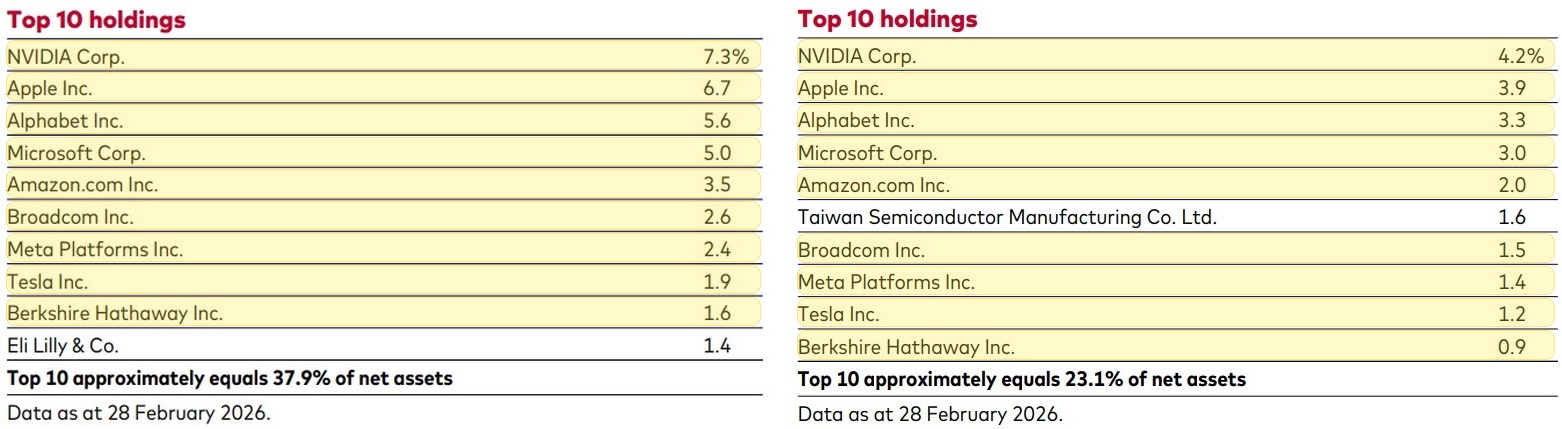 S&P 500 ir All-World ETF didžiausių pozicijų palyginimas, kuriame sutampančios įmonės pažymėtos geltonu paryškinimu.