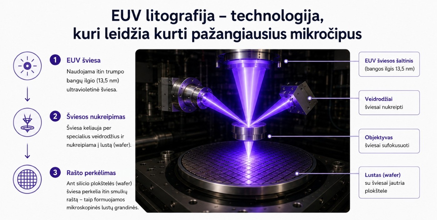EUV litografijos infografikas apie pažangiausių mikročipų gamybą