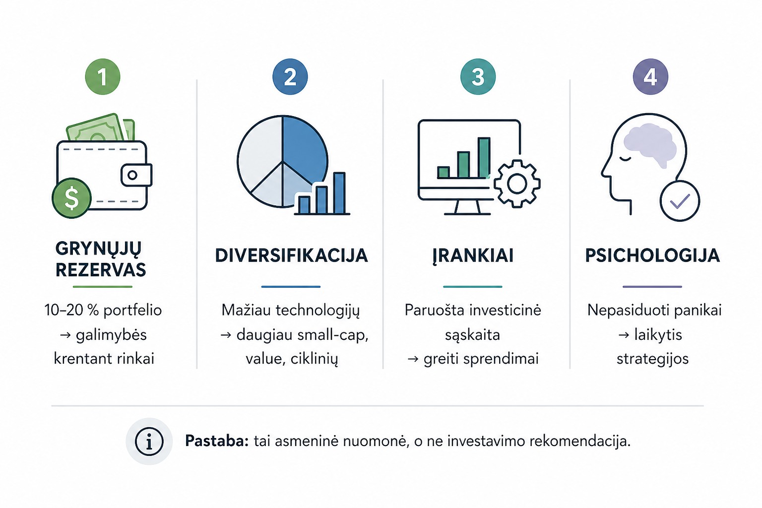 Infografikas su keturiais investavimo principais: grynųjų rezervas (10–20 % portfelio), diversifikacija, paruošti investavimo įrankiai ir emocijų kontrolė (nepasiduoti panikai).