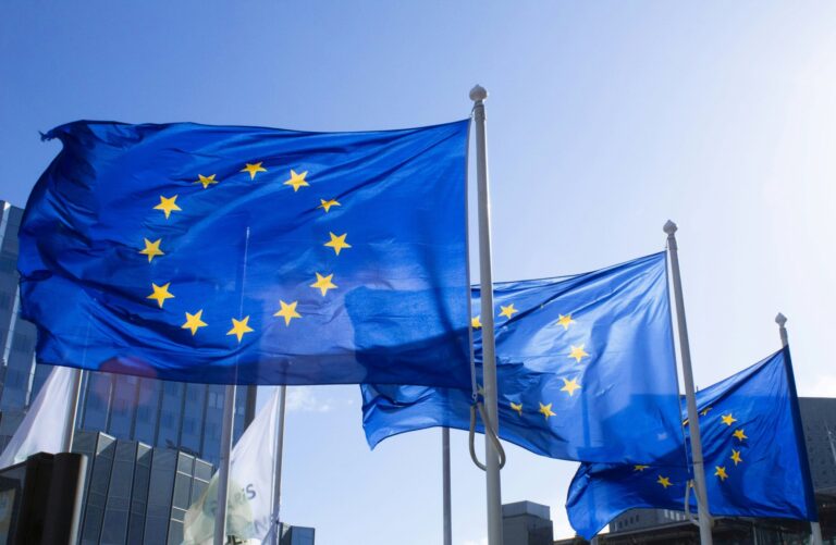 Europos Sąjungos vėliavos prie institucijų pastato, iliustruojančios Europos valstybinių obligacijų ir euro zonos finansų rinkų temą.