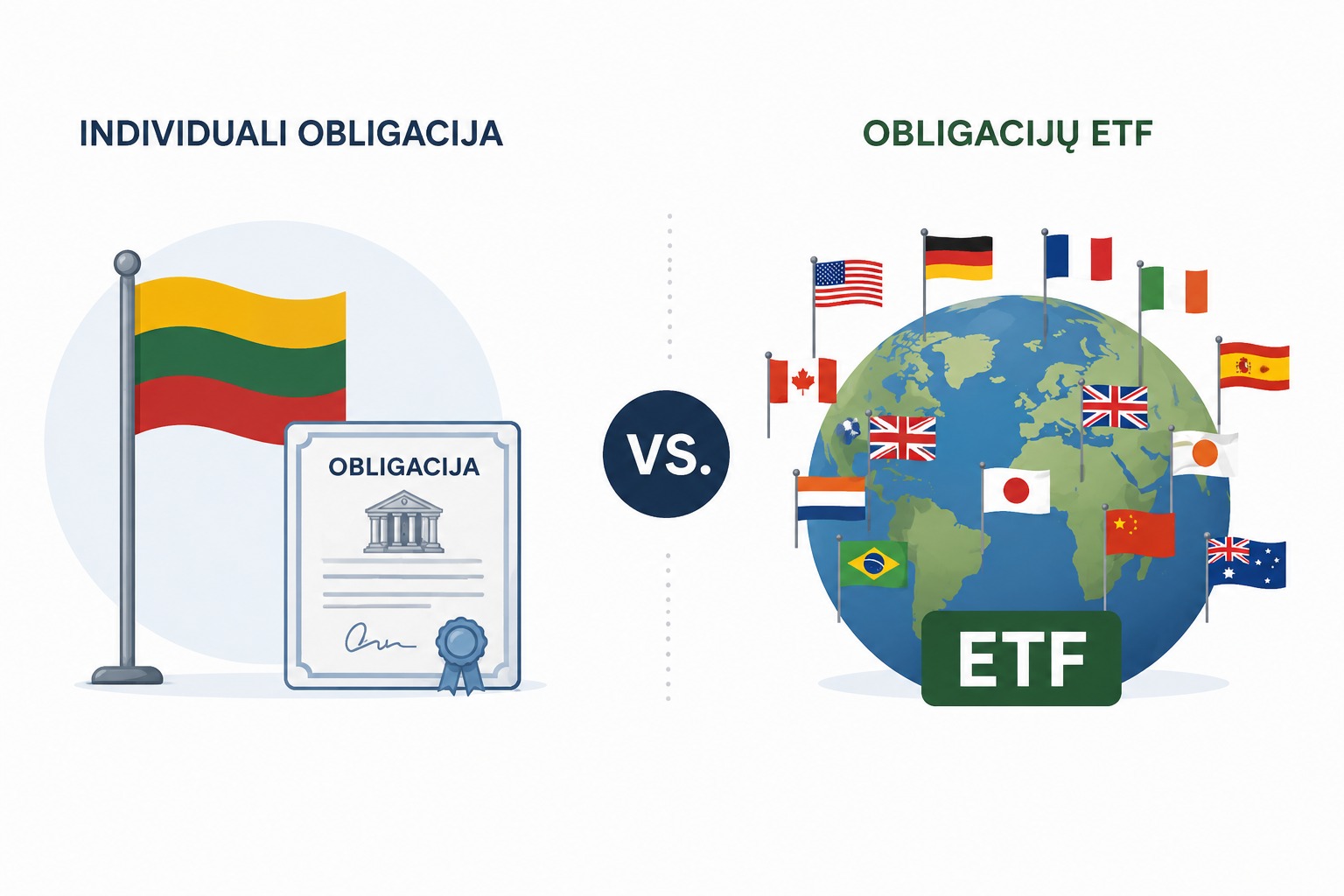 Vizualas, atvaizduojantis diversifikacijos skirtumą: vienoje pusėje viena vėliava (individuali obligacija), kitoje – gaublys su daugybe vėliavų ir ETF logotipu.