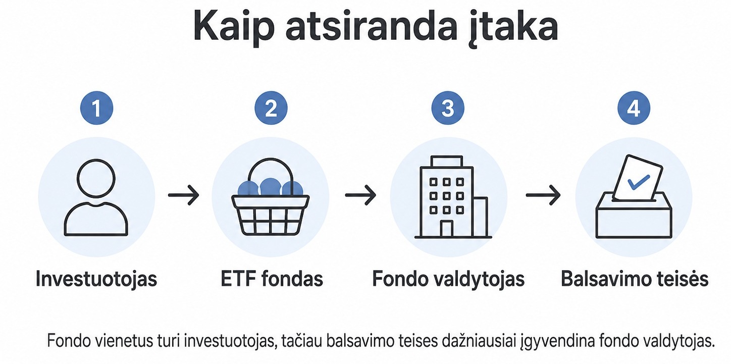 Schema, rodanti kelią nuo investuotojo ir ETF fondo iki fondo valdytojo bei jo įgyvendinamų balsavimo teisių bendrovėse.