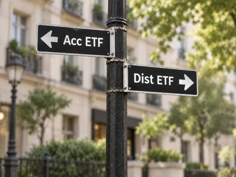 Miesto aplinkoje esantis kelio ženklas su dviem rodyklėmis: viena nukreipta į „Acc ETF“, kita į „Dist ETF“, iliustruojant pasirinkimą tarp akumuliuojančio ir distribucinio ETF.
