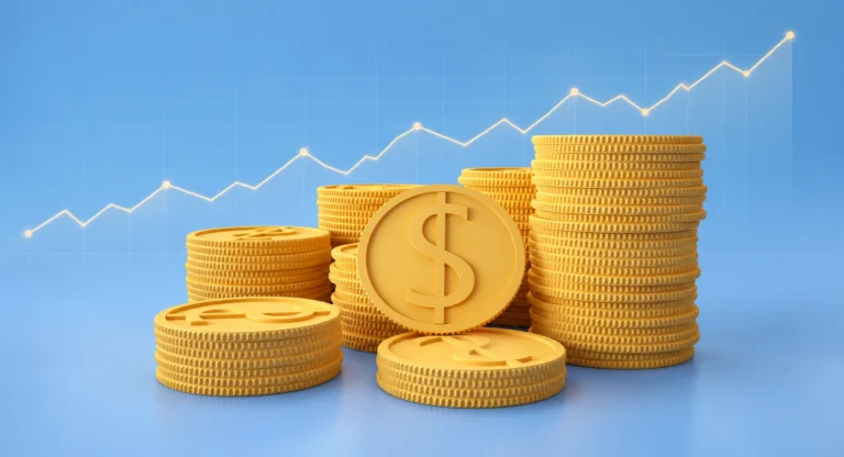 Aukso monetų krūvos ir kylanti kainos kreivė, iliustruojanti investavimą į aukso ETC.