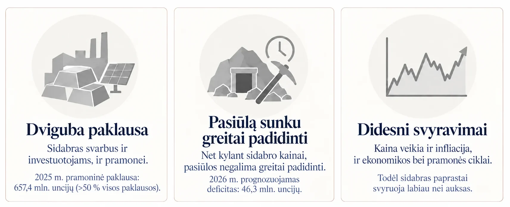 Infografikas „Kodėl sidabras svyruoja daugiau nei auksas“ su trimis paaiškinimais: sidabras turi dvigubą paklausą iš investuotojų ir pramonės, pasiūlą sunku greitai padidinti net kylant kainai, todėl jo kaina paprastai svyruoja labiau nei aukso.