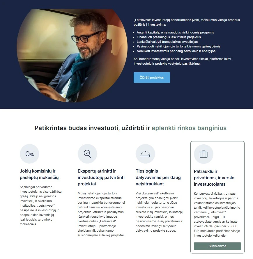 „Letsinvest“ puslapio iškarpa, kurioje pristatomi pagrindiniai platformos akcentai: investuotojui netaikomi paslėpti mokesčiai, projektai atrenkami ekspertų, investicijos siejamos su nekilnojamojo turto užtikrinimu, o platforma orientuojasi ir į stambesnius investuotojus.