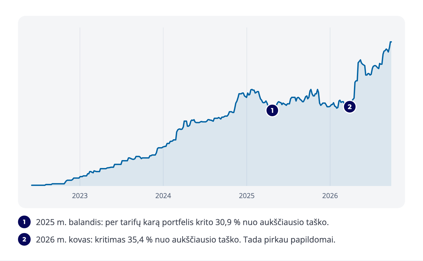 Aleksandro investicinio portfelio vertės kaita 2022–2026 m., pažymėti didesni kritimai 2025 ir 2026 m.