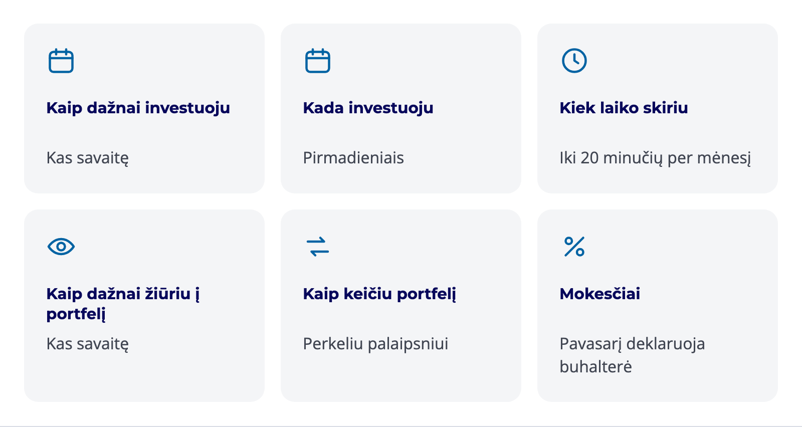 Emilio investavimo rutina: automatinis investavimas kas savaitę, portfelio peržiūra, palaipsnis strategijos keitimas ir mokesčių deklaravimas.
