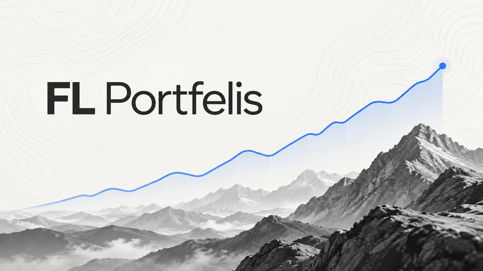 FL Portfelio investavimo sistemą iliustruojantis kylantis mėlynas grafikas kalnų panoramos fone.