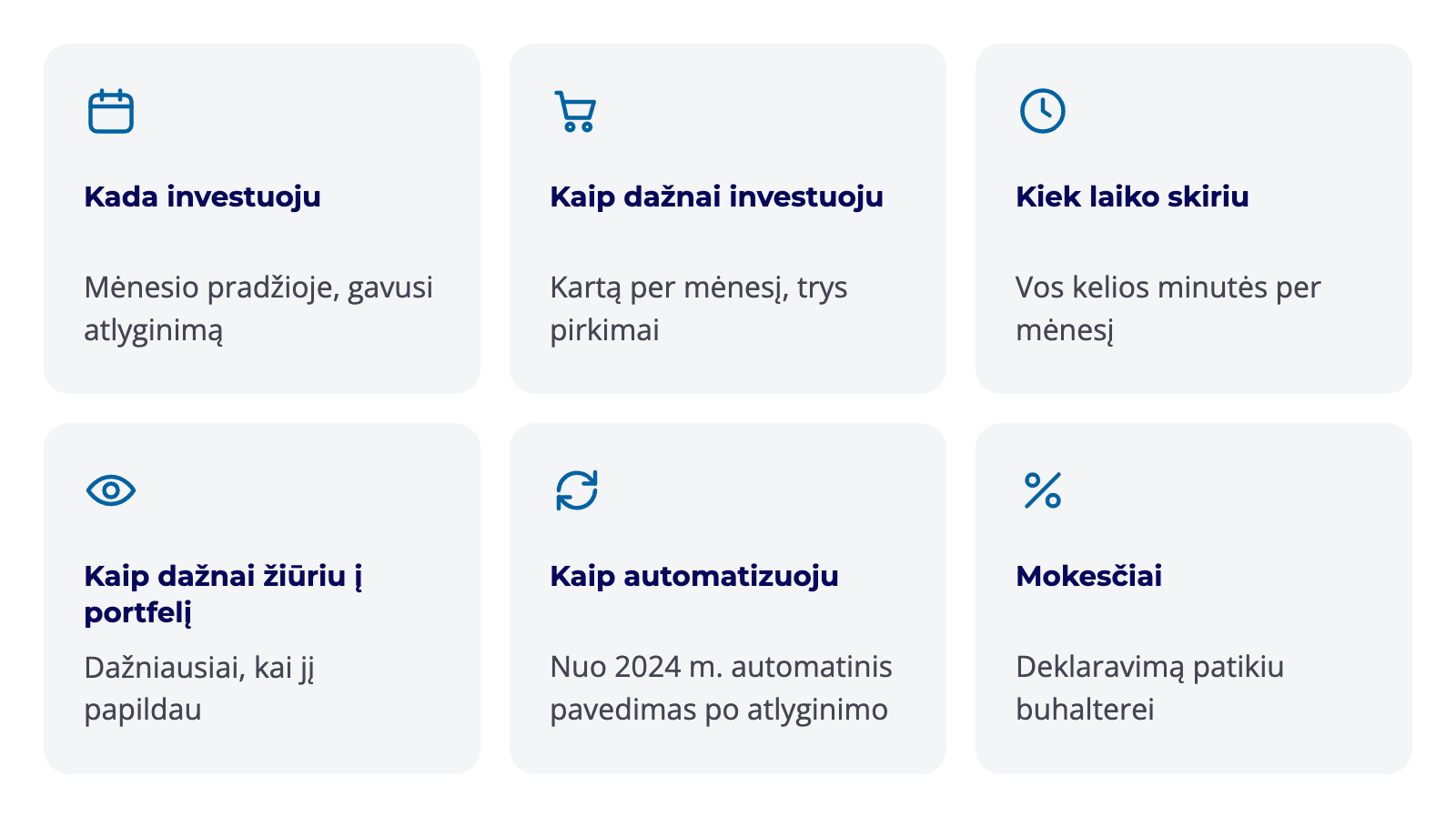 Justinos investavimo mėnesio rutina: investavimas mėnesio pradžioje, vienas papildymas per mėnesį, kelių minučių pirkimai, retas portfelio tikrinimas, automatinis pavedimas ir mokesčių deklaravimas per buhalterę.