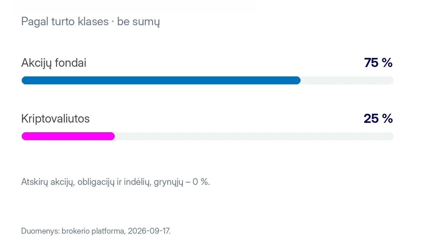 Justinos portfelio sudėtis pagal turto klases: 75 % akcijų fondai ir 25 % kriptovaliutos.