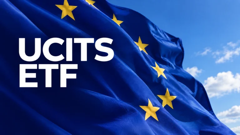 UCITS ETF fondai ir Europos Sąjungos reguliavimas, iliustruojamas ES vėliava.