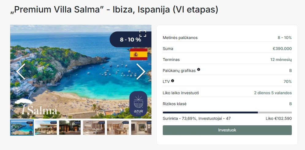 „Letsinvest“ projekto „Premium Villa Salma“ puslapis su 8–10 % metinėmis palūkanomis, 12 mėnesių terminu, 70 % LTV ir B rizikos klase.