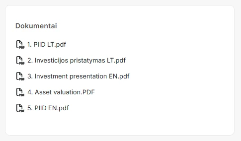 „Letsinvest“ projekto dokumentų sąrašas su pagrindinės informacijos apie investiciją, investicijos pristatymo ir turto vertinimo dokumentais.